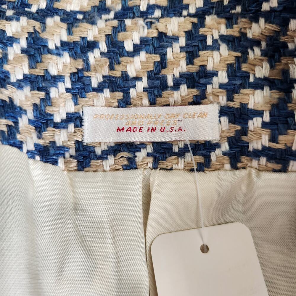 Vintage 90s Houndstooth Tweed Blazer Jacket Cream Blue 3 Button Long Sleeve L - Picture 12 of 13